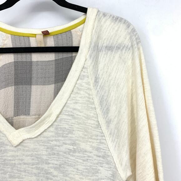 Anthropologie Pilcro V-Neck Slub Knit Long Sleeve Top Sz M Gray Cream Plaid Back - Picture 3 of 6